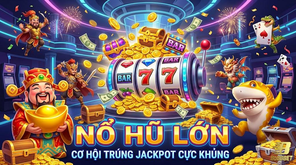 Màn hình game quay hũ đổi thưởng với quỹ Jackpot tích lũy hiển thị phía trên cuộn quay