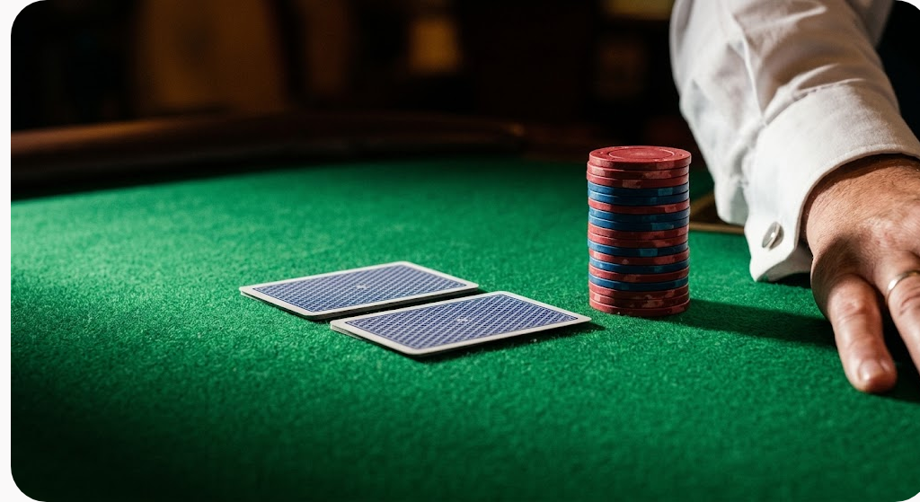 Bo88bet casino trực tuyến: bốn nhóm sảnh, chọn nhóm nào cho kiểu chơi của bạn 3 Cận cảnh mặt bàn nỉ xanh với hai lá bài úp và chồng phỉnh đỏ xanh