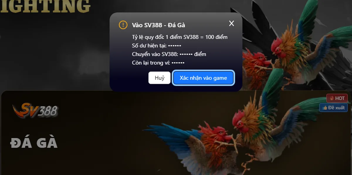 Hộp thoại vào SV388 hiển thị tỷ lệ một điểm SV388 bằng một trăm điểm, các số dư đã che