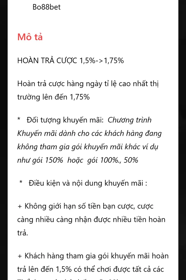 Thể lệ hoàn trả thể thao Bo88bet xem trên điện thoại với mức hoàn trả cược 1,5% lên 1,75%