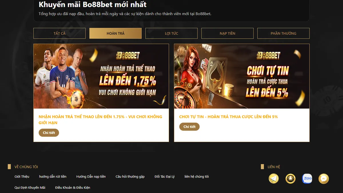 Mục khuyến mãi Bo88bet lọc theo thẻ Hoàn trả hiển thị hai chương trình hoàn trả thể thao 1,75% và hoàn trả thua cược 5%