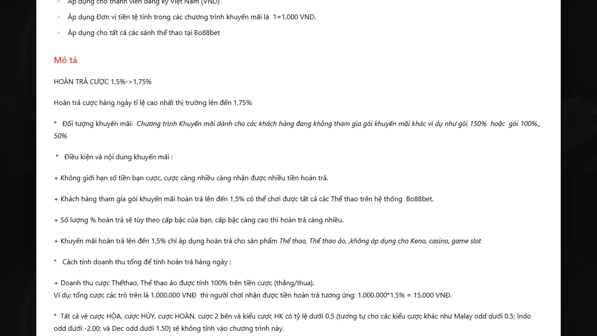 Thể lệ hoàn trả thể thao Bo88bet ghi mức hoàn trả cược 1,5% lên 1,75% và điều kiện không tham gia gói thưởng khác