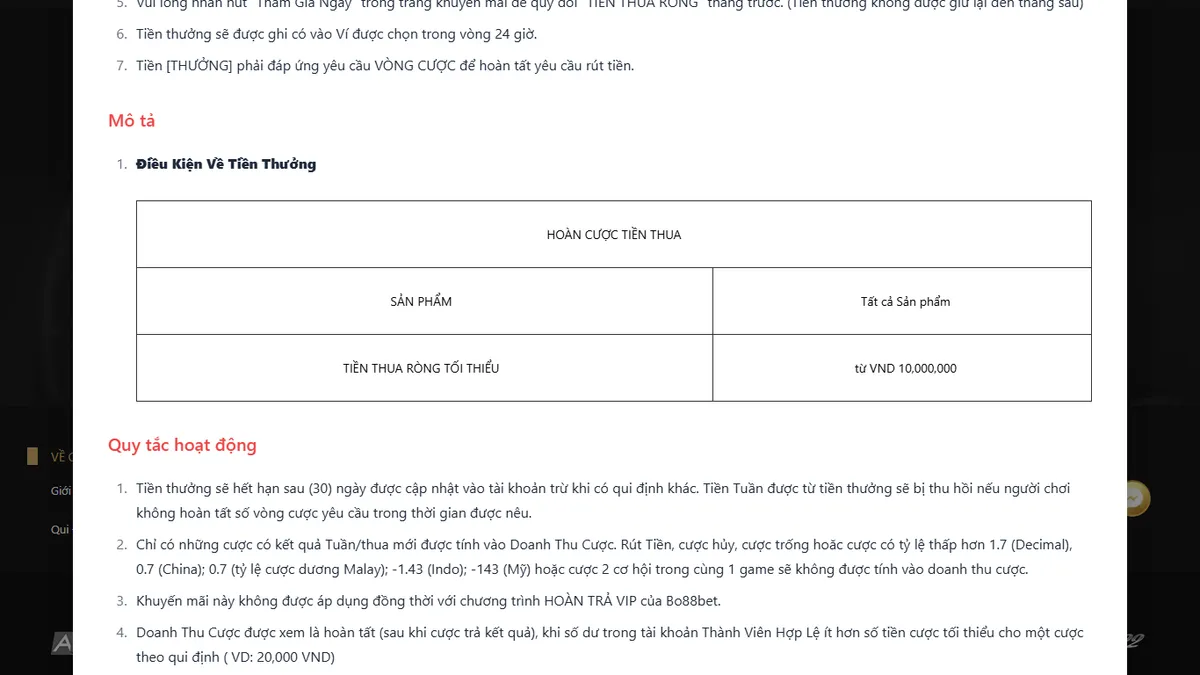 Bảng điều kiện hoàn cược tiền thua Bo88bet áp dụng tất cả sản phẩm với tiền thua ròng tối thiểu 10 triệu đồng