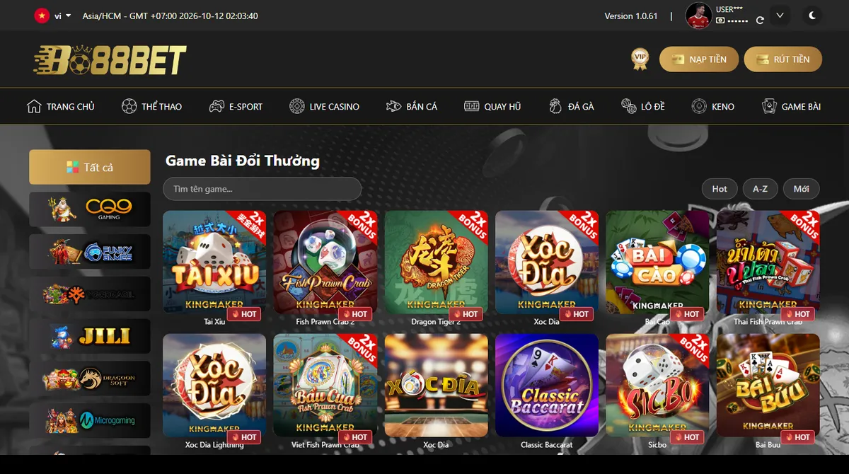 Sảnh game bài Bo88bet với các trò Tài Xỉu, Xóc Đĩa, Bầu Cua, Bài Cào của Kingmaker