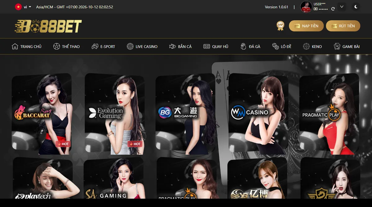 Mục Live casino Bo88bet hiển thị các thẻ sảnh SexyGaming, Evolution, BigGaming, WM Casino và Pragmatic Play