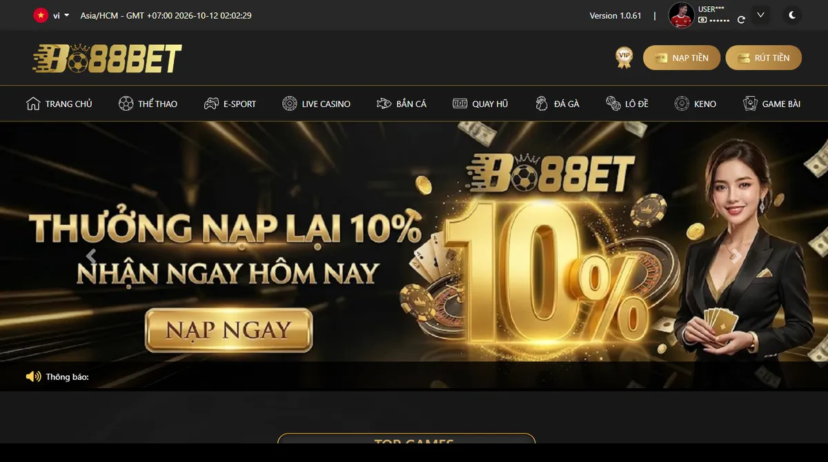 Trang chủ nhà cái Bo88bet sau khi đăng nhập với thanh menu chín sảnh trò chơi