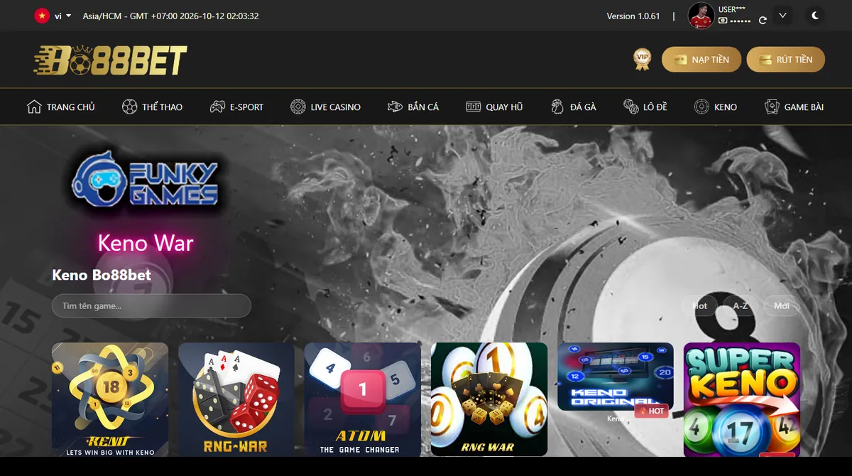 Mục Keno Bo88bet với Keno War của Funky Games và các biến thể RNG War, Atom, Super Keno