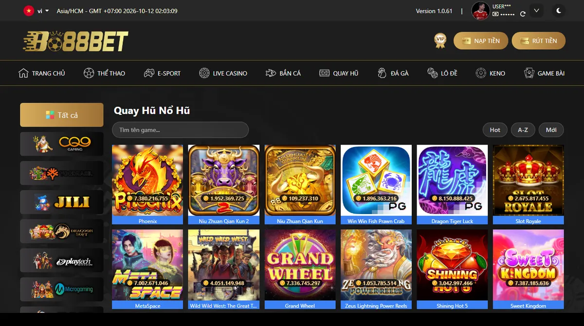 Sảnh quay hũ Bo88bet với cột nhà cung cấp bên trái và lưới game hiển thị số jackpot