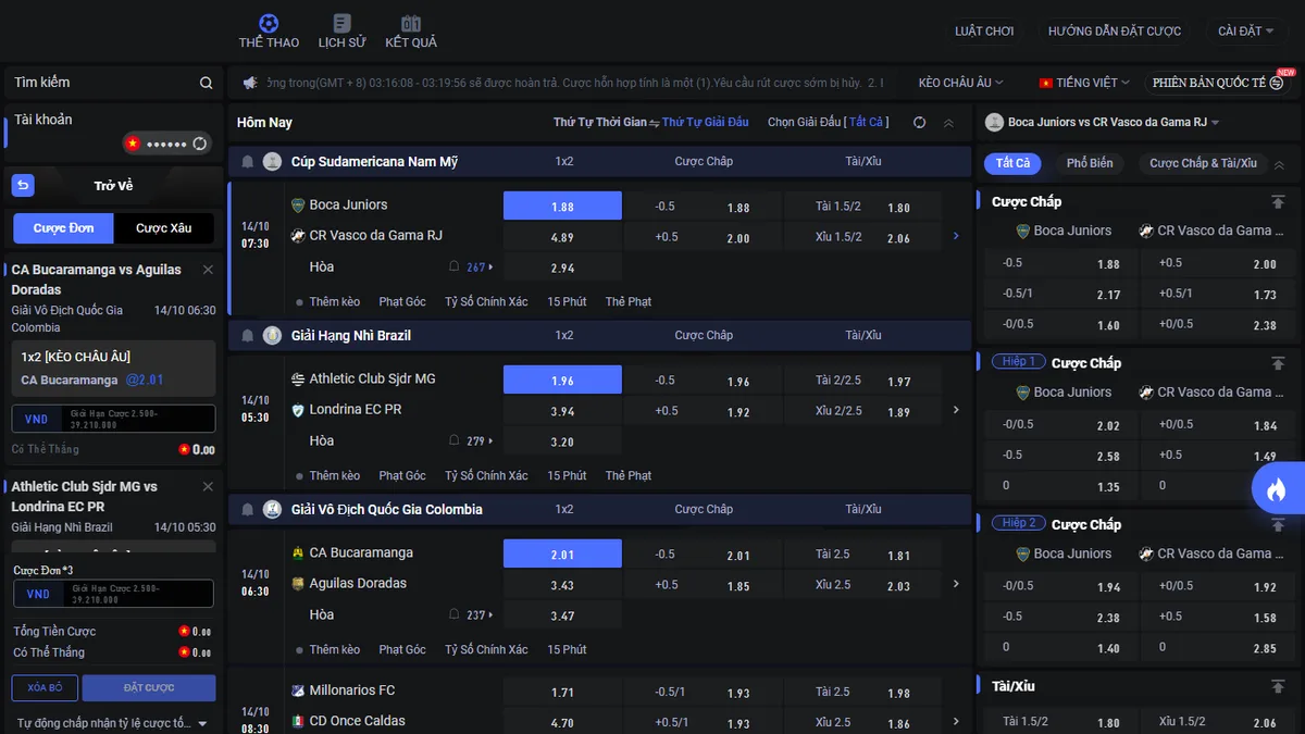 Ba lựa chọn 1x2 Bucaramanga 2.01, Athletic Club 1.96 và Boca Juniors 1.88 nằm trong phiếu Cược Đơn trên sảnh thể thao Bo88bet