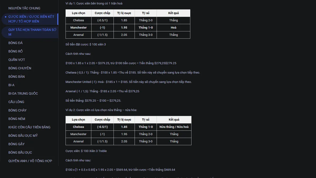 Cược xiên Bo88bet: 6 ví dụ tính tiền từ phiếu xâu thật, trận hoãn, hòa và nửa thắng 6 Ví dụ trong luật sảnh Bo88bet về cược xiên 3 có một trận hòa và một lựa chọn nửa thắng nửa hòa
