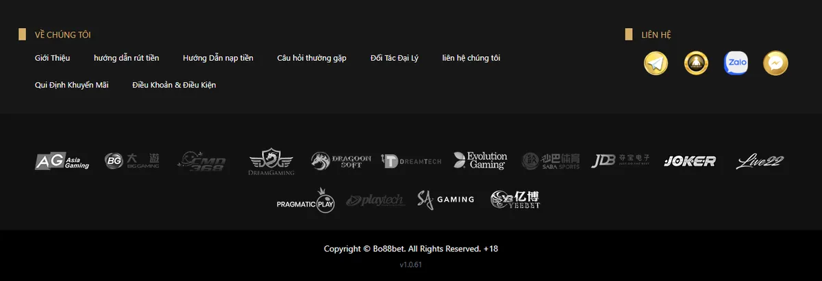 Link vào Bo88bet bị chặn: chẩn đoán lỗi, đổi DNS và nhận diện trang giả 4 Chân trang Bo88bet với cụm Về chúng tôi và bốn biểu tượng liên hệ Telegram, Live Chat, Zalo, Messenger